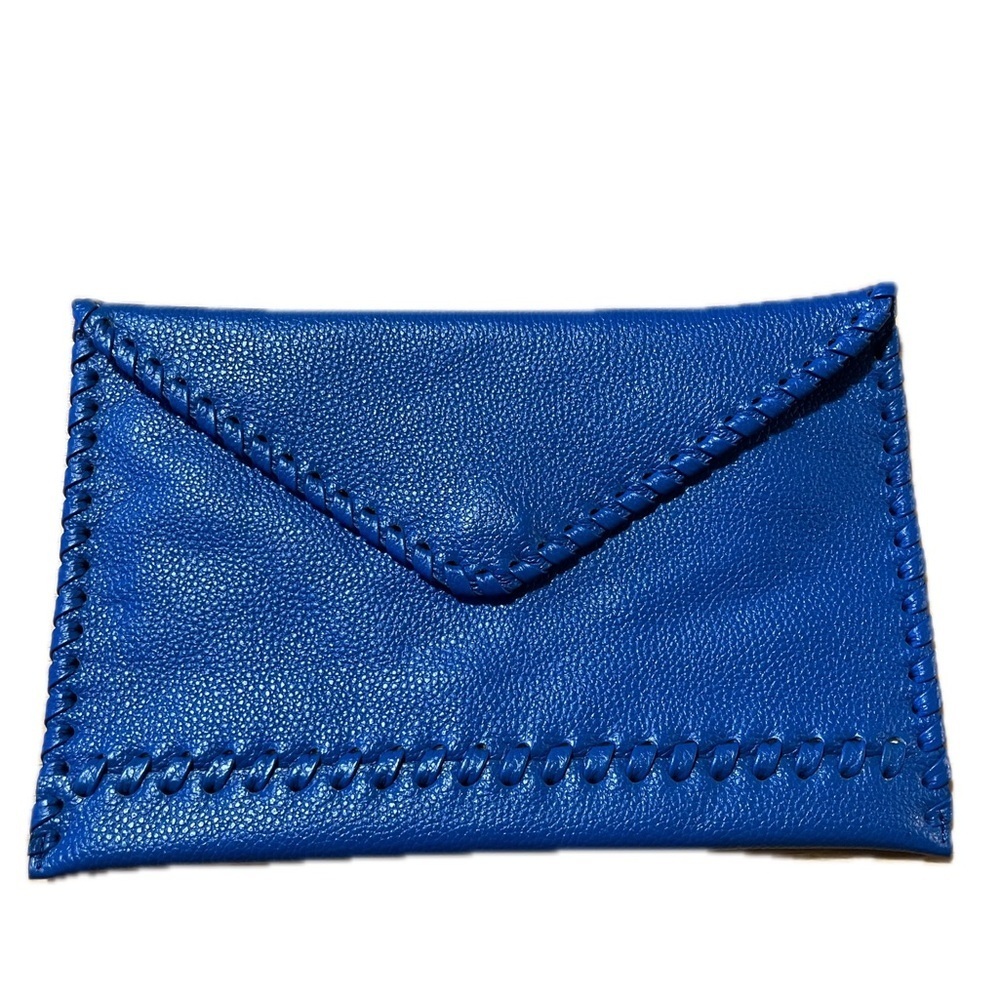 Laggo Stitched Polka Blue Pebble Leather Envelope Clutch Nwot